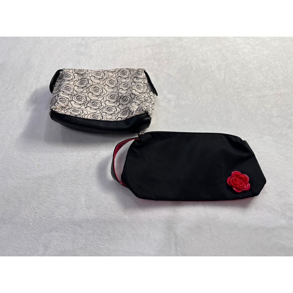 Lancome Paris Cosmetic Bag Set Black Red Rose Wristlet & Floral Canvas Pouch